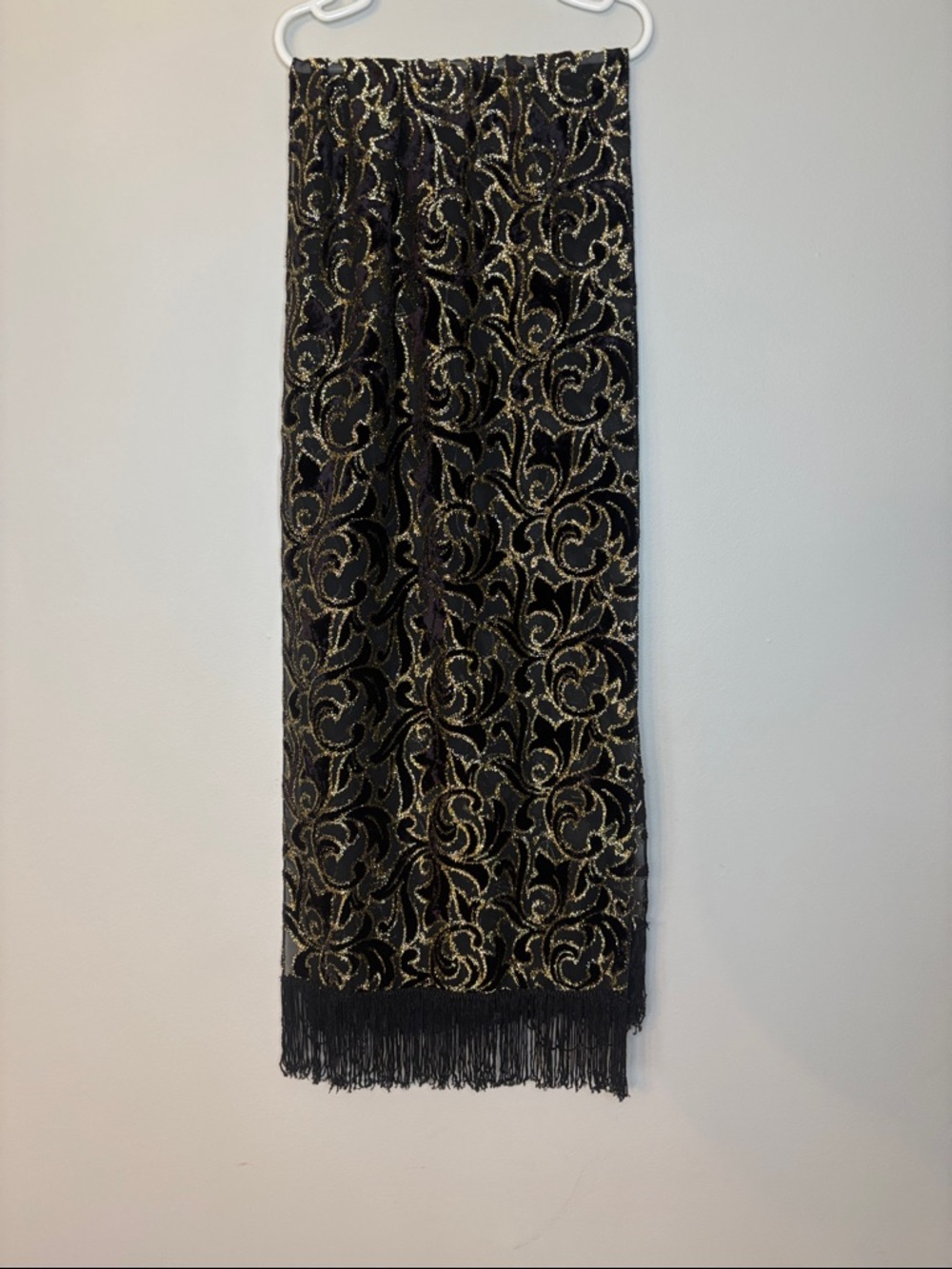 Black Fringe Scarf with Gold Metallic Swirl Pattern